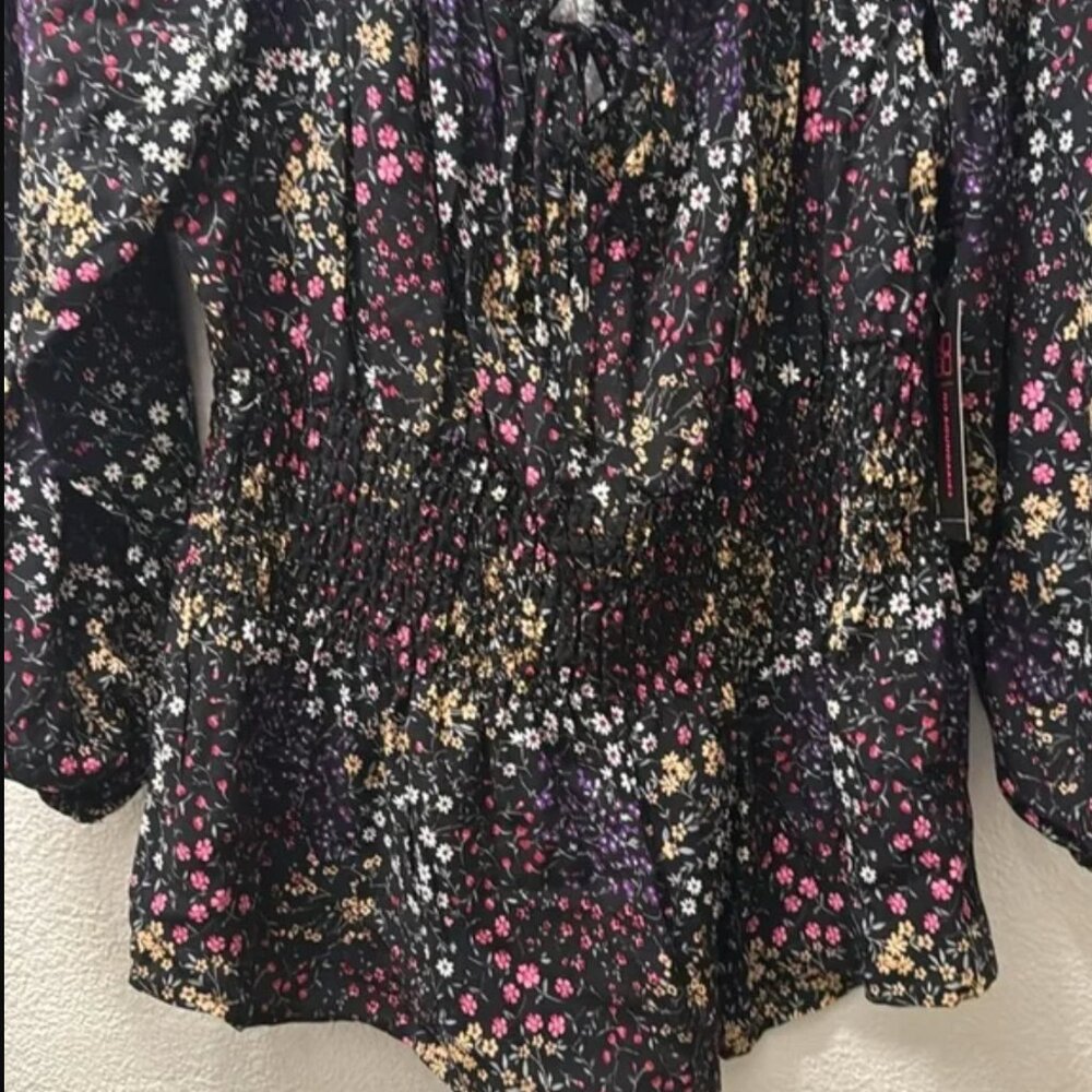 No Boundaries 100% Rayon Black Floral Rouched Waist Peasant Blouse Top women XXL - Picture 7 of 17